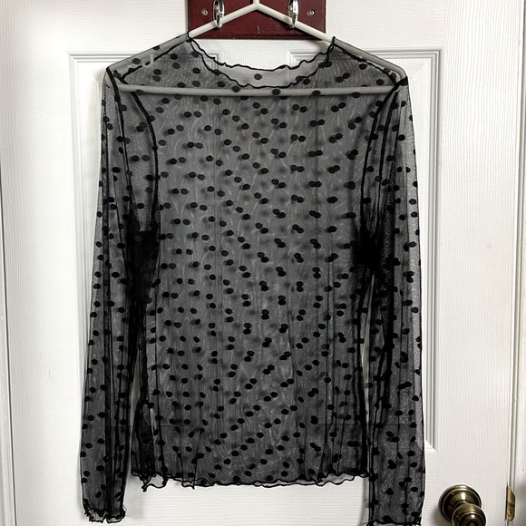 Sheer Mesh Polka Dot Long Sleeve top with Lettuce Trim - Picture 2 of 3
